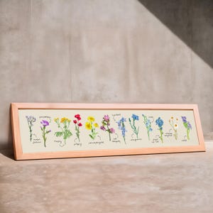 May include: A framed print featuring 12 different wildflower illustrations, each labelled with its name. The flowers are arranged in a row from left to right and are in various colours, including purple, red, yellow, blue, and white.