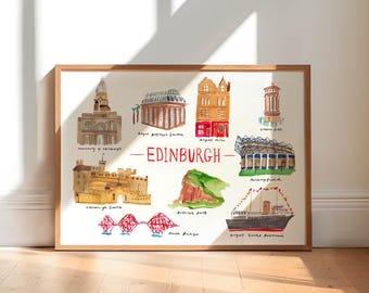 Edinburgh Hand Painted Art Print / Edinburgh Landmarks Poster / Edinburgh Gift / Edinburgh Drawing / Edinburgh Poster