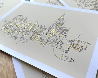 Manchester Skyline Art Print / Graduation Gift / Gold Details Art / City Ink Drawing / Abstract Manchester Print