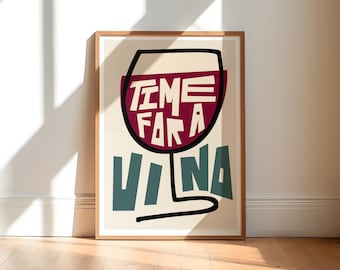 May include: A framed print featuring a stylised illustration of a wine glass. The glass is filled with red wine and the text "TIME FOR A VINA" is written in a bold, colourful font.