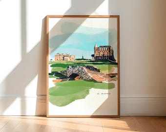 St Andrews Golf Course Art Print, Scotland Illustration