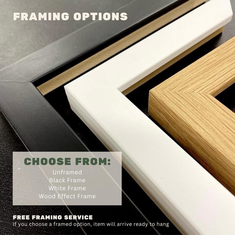 May include: Image showcasing framing options: black, white, and wood effect frames. Text reads "FRAMING OPTIONS" and "CHOOSE FROM: Unframed, Black Frame, White Frame, Wood Effect Frame." The image also states "FREE FRAMING SERVICE."