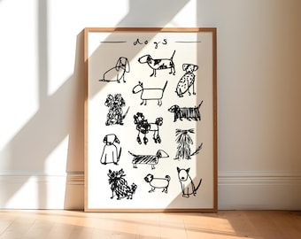 Dog Drawing Art Print, Black and White Animal Sketch