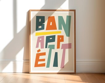 Bon Appetit Typography Art Print, Colorful Kitchen Wall Decor