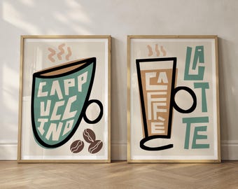 Caffe Latte & Cappuccino Art Prints, Kitchen Wall Decor Set