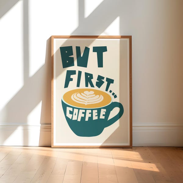Impressão artística com citação sobre café | Decoração retrô para cozinha e bar de café