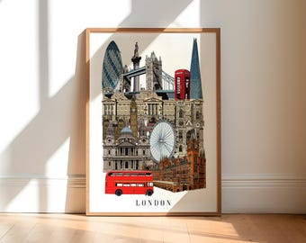 Lámina artística con monumentos de Londres / Póster enmarcado del horizonte de Londres