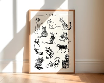 Cat Black and White Art Print / Animal Wall Art / Cat Drawing Art Print / Cat Lover Gift