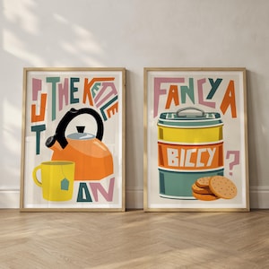 Set di 2 stampe artistiche con tè e biscotti / Arte murale per la cucina / Arte per la cucina / Arte per la sala da pranzo / Stampa artistica retrò / Stampa artistica grafica