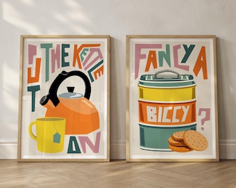 Tea and Biscuit Set of 2 Art Prints / Kitchen Wall Art / Art for Kitchen / Art for Dining Room / Retro Art Print / Graphic Art Print