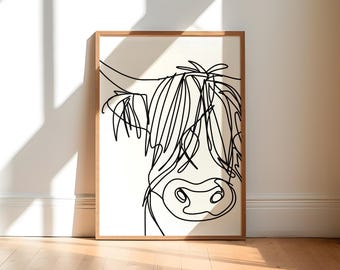 Highland Cow Line Art Print, Minimalist Animal Wall Decor