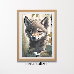 Arte de lobo imprimible - Póster A3 personalizado imprimible con un lindo bebé lobo - Arte de bebé lobo para guardería - Póster para habitación de bebé niño - Impresión