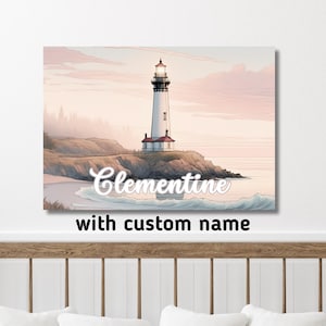 Póster imprimible con diseño de faro para habitación de bebé: póster tamaño A3 con un faro y un nombre personalizado: habitación de bebé con temática de Nantucket: arte de pared para habitación de niña