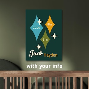Póster personalizado con el nombre del bebé - Póster imprimible A3 con los datos del bebé - Impresión artística moderna de mediados de siglo para guardería - Arte retro para bebé niño