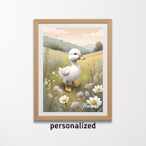 Printable Vertical A3 Poster With A Duckling And Custom Name - Personalized Duckling Art - Printable Duckling In The Meadow Poster - Nursery