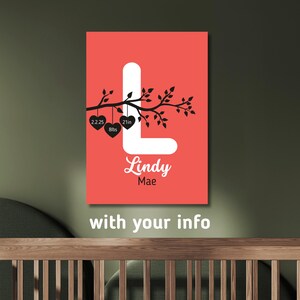 Póster con nombre de niña personalizado - Póster A3 imprimible con datos de la niña - Impresión artística de guardería moderna de mediados de siglo - Arte para niña