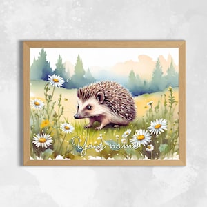 Lámina artística personalizada de erizo - Póster A3 con erizo niña y nombre personalizado - Lámina artística de erizo para habitación infantil - Regalo personalizado para recién nacido