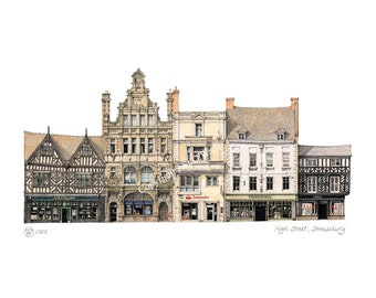 High Street, Shrewsbury, A4 print, ideal gift for those with an affection for the town, or historic buildings generally