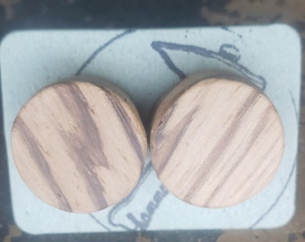 Wood round circle stud earrings zebrawood exotic wood stainless steel hypoallergenic pin rubber backings
