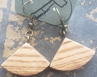 Wood natural fan pie dangle earrings zebrawood plated metal alloy rubber backings