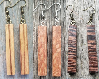 Earrings, bar shaped, rectangular, exotic wood, plated metal alloy, clear rubber backings,