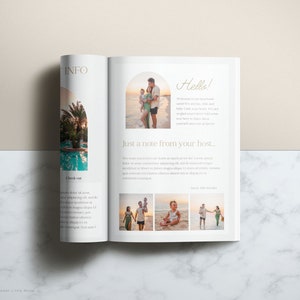 A welcome guide booklet for guests features photos of a family at the beach and pool.  The booklet includes sections titled 'Info,' 'Hello!,' and 'Just a note from your host...' with welcoming text.  Check-out details are also provided.  The design uses a neutral color palette with beige and gold accents.  The overall style is modern and minimalist.