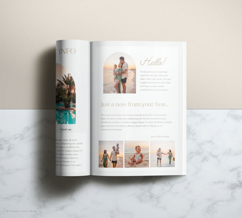 A welcome guide booklet for guests features photos of a family at the beach and pool.  The booklet includes sections titled 'Info,' 'Hello!,' and 'Just a note from your host...' with welcoming text.  Check-out details are also provided.  The design uses a neutral color palette with beige and gold accents.  The overall style is modern and minimalist.