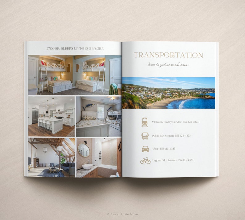 Open house brochure showcasing a vacation rental. The brochure features photos of the home's interior, including a kitchen, bedrooms with bunk beds, and bathrooms.  A section on transportation provides contact information for local services such as the Midtown Trolley, Public Bus System, Uber, and Laguna Bike Rentals.  The overall color scheme is neutral and calming, with a focus on showcasing the property's amenities and location.