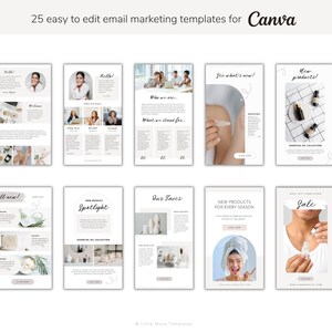 25 Canva email marketing templates.  Neutral color palette featuring beige, white, and muted greens. Templates showcase product spotlights, sales announcements, and brand introductions.  Clean and modern designs include sections for text, images, and calls to action.  Ideal for e-commerce businesses promoting beauty or wellness products.