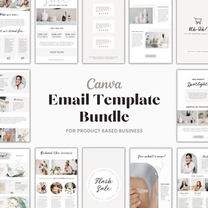 Canva email template bundle for product-based businesses.  The bundle includes various templates showcasing different layouts and designs in neutral beige and white tones.  Templates feature product spotlights, sales announcements (flash sale), new product introductions, and about us sections.  Text includes phrases like 'Who we are...', 'What we stand for...', 'New Product Spotlight', 'Flash Sale', and 'Behind the Scenes'.  The templates are designed for easy customization and use with Canva.