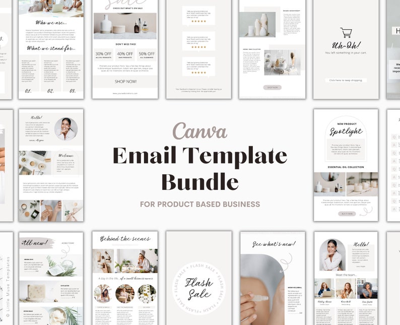 Canva email template bundle for product-based businesses.  The bundle includes various templates showcasing different layouts and designs in neutral beige and white tones.  Templates feature product spotlights, sales announcements (flash sale), new product introductions, and about us sections.  Text includes phrases like 'Who we are...', 'What we stand for...', 'New Product Spotlight', 'Flash Sale', and 'Behind the Scenes'.  The templates are designed for easy customization and use with Canva.