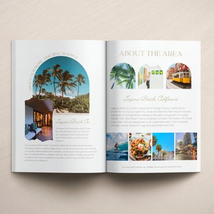 Open brochure showcasing air bnb.  The left page features images of a luxurious home and tropical landscape with text: 'About Our Home'. The right page highlights area attractions with photos of a beach, food, a tram, and cityscapes. Text includes 'About the Area' and 'Laguna Beach, California' descriptions.  The overall color scheme is neutral with pops of teal and gold accents.