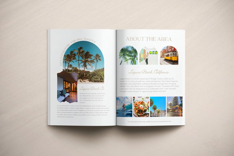 Open brochure showcasing air bnb.  The left page features images of a luxurious home and tropical landscape with text: 'About Our Home'. The right page highlights area attractions with photos of a beach, food, a tram, and cityscapes. Text includes 'About the Area' and 'Laguna Beach, California' descriptions.  The overall color scheme is neutral with pops of teal and gold accents.