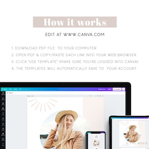 Op de afbeelding: Een computerscherm waarop een Canva-ontwerptemplate wordt weergegeven met een vrouw die een bruine hoed en een bruin jack draagt. De template heeft een lichtroze achtergrond met gouden accenten. De tekst "How it works" en "EDIT AT WWW.CANVA.COM" wordt op het scherm weergegeven. De tekst "DOWNLOAD PDF FILE TO YOUR COMPUTER", "OPEN PDF & COPY/PASTE EACH LINK INTO YOUR WEB BROWSER", "CLICK "USE TEMPLATE" (MAKE SURE YOU'RE LOGGED INTO CANVA)" en "THE TEMPLATES WILL AUTOMATICALLY SAVE TO YOUR ACCOUNT." wordt ook op het scherm weergegeven.