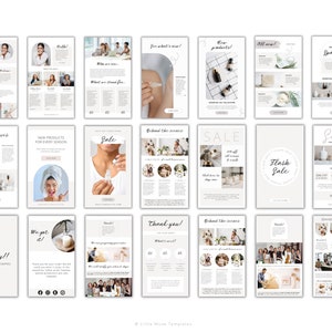 A collection of 24 minimalist beige and white email templates for e-commerce businesses.  The templates feature product spotlights, sales announcements, behind-the-scenes glimpses, and customer thank you messages.  They include text such as 'Sale', 'Flash Sale', 'New Products', and 'Behind the Scenes'.  The design is clean and modern, using a consistent color palette and typography.