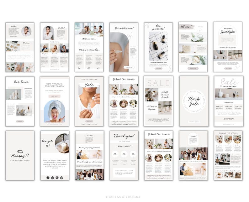 A collection of 24 minimalist beige and white email templates for e-commerce businesses.  The templates feature product spotlights, sales announcements, behind-the-scenes glimpses, and customer thank you messages.  They include text such as 'Sale', 'Flash Sale', 'New Products', and 'Behind the Scenes'.  The design is clean and modern, using a consistent color palette and typography.