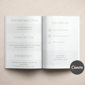 A beige and white welcome guide booklet with sections for WiFi information, contact details, emergency numbers, and social media links.  The booklet includes usernames and passwords, phone numbers, email addresses, and house address.  It also features a Canva watermark. The text includes 'WIFI INFORMATION', 'CONTACT US', 'EMERGENCY', and 'FOLLOW US'.