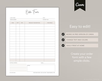 Printable Order Form Template for Canva: Retail & Wholesale (US Letter, Digital Download)