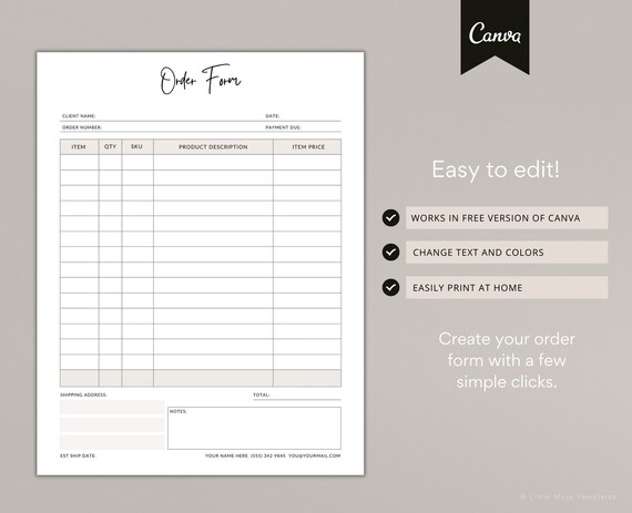 Printable Order Form Template for Canva: Retail & Wholesale (US Letter, Digital Download)