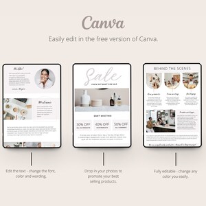 Editable Canva templates for social media marketing.  The first features a beige and white color scheme with text that says 'Hello!' and 'Welcome.' The second features a sale announcement, promotional discounts. The third showcases a behind-the-scenes look at product creation. All templates are fully editable in Canva.