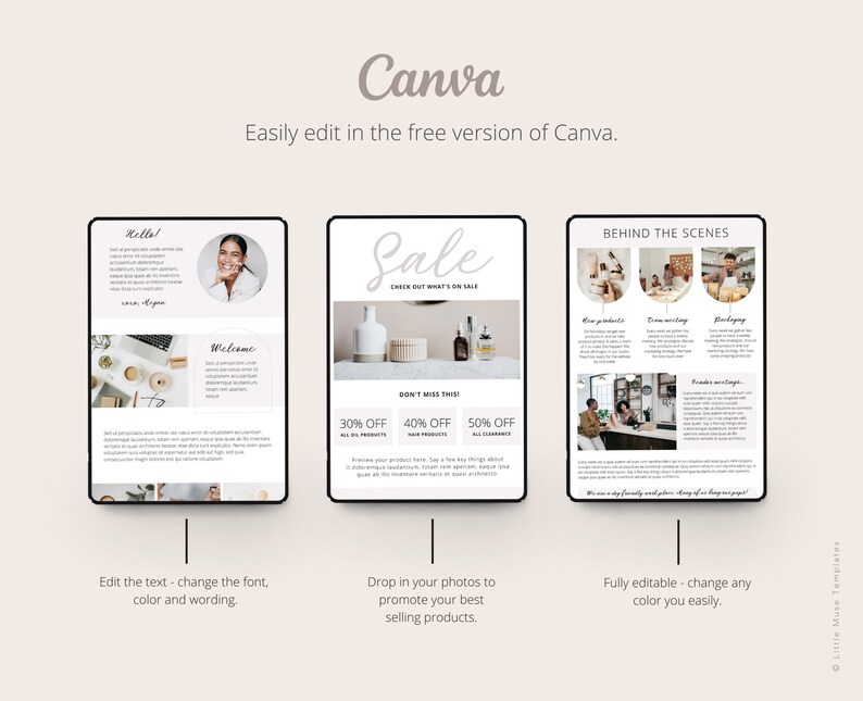 Editable Canva templates for social media marketing.  The first features a beige and white color scheme with text that says 'Hello!' and 'Welcome.' The second features a sale announcement, promotional discounts. The third showcases a behind-the-scenes look at product creation. All templates are fully editable in Canva.