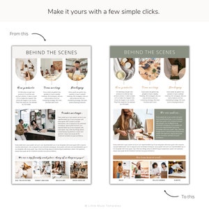 Two behind-the-scenes business brochures showcasing a company's products, team, packaging, and workspace.  The brochures feature images of raw materials, team meetings, product packaging, and employees working in a friendly, light-filled office.The color palette is neutral with sage green and beige accents.  The brochures are designed to be visually appealing and informative, providing a glimpse into the company's operations and culture.