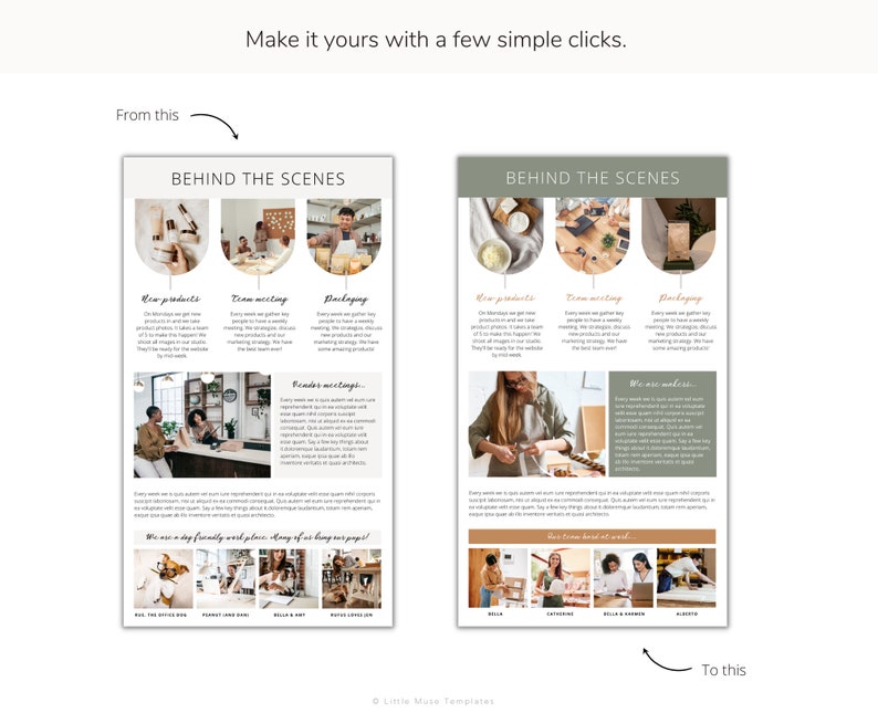 Two behind-the-scenes business brochures showcasing a company's products, team, packaging, and workspace.  The brochures feature images of raw materials, team meetings, product packaging, and employees working in a friendly, light-filled office.The color palette is neutral with sage green and beige accents.  The brochures are designed to be visually appealing and informative, providing a glimpse into the company's operations and culture.