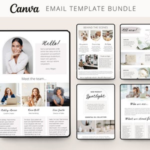Canva email template bundle featuring a neutral color palette.  Templates include a 'Hello!' section with introductory text, a 'Meet the team' section with team member photos and descriptions, a 'Behind the scenes' section showcasing workplace images, an 'All new!' product announcement section, a 'New product spotlight' highlighting essential oil collection, and a 'Who we are' section outlining company values.  All templates are designed with a clean, modern aesthetic.