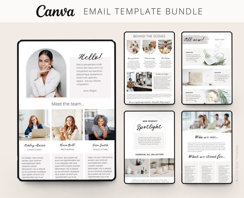 Canva email template bundle featuring a neutral color palette.  Templates include a 'Hello!' section with introductory text, a 'Meet the team' section with team member photos and descriptions, a 'Behind the scenes' section showcasing workplace images, an 'All new!' product announcement section, a 'New product spotlight' highlighting essential oil collection, and a 'Who we are' section outlining company values.  All templates are designed with a clean, modern aesthetic.