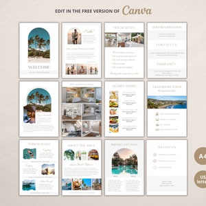 Digital minimalist welcome guide for beach house guests.  Pages feature calming beige and white color scheme with arched design elements.  Content includes welcome message, house rules, WiFi info, contact details, emergency info, nearby dining options, transportation details, things to do, area information, important info, and social media links.  High-quality images of the beach house and surrounding area are included.  A4 and US letter sizes are indicated.
