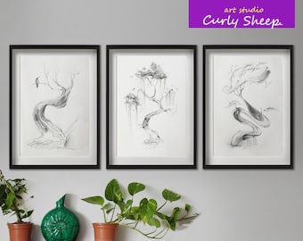 Original Set of 3 - Tree Drawings A4, Original Drawing, Tree Sketch, Tree Pencil Sketch, Tree Drawing, Pencil Drawing, Pencil Wall Art