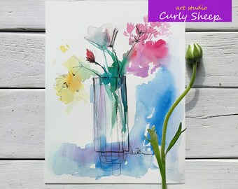 Handmade A4 Watercolor Painting - Flowers in Vase