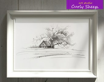 Maison - Dessin original au crayon A4 | Croquis au crayon de ferme | Dessin original à la maison | Dessin d’arbre de construction | Dessin d’œuvres d’art | Art mural au crayon