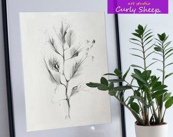 Flower Pencil Drawing A4, Flowers Pencil Sketch, Original Drawing, Flowers Pencil Drawings, Plant Drawing, Artwork Drawings Wall Art Flowers
